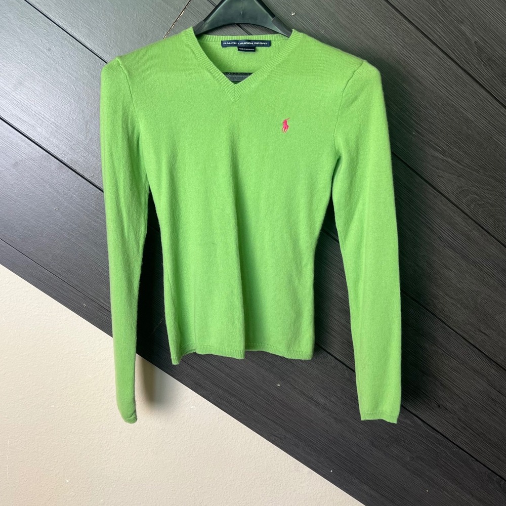 Ralph Lauren Sport Women's 100% Cashmere V-Neck Sweater Small Green Preppy